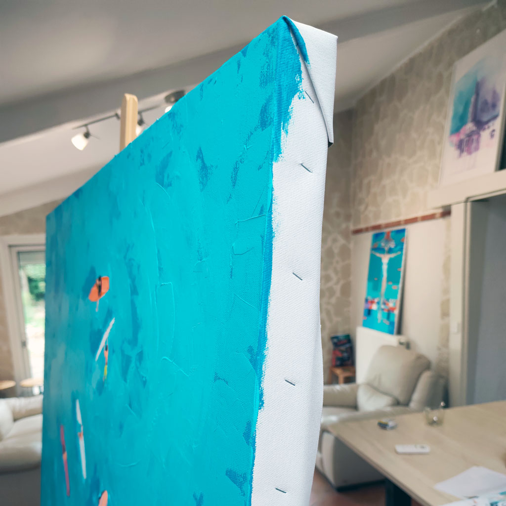 surfeurs au lagon 120 x120 cm