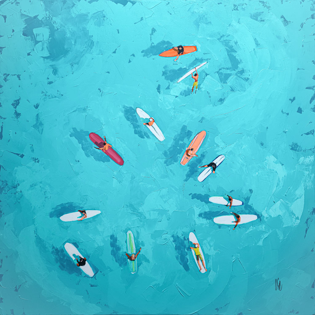 surfeurs au lagon 120 x120 cm