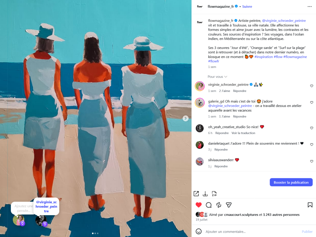 Three women in light blue dresses stand on a beach, facing the turquoise sea, viewed from behind (art-style painting).