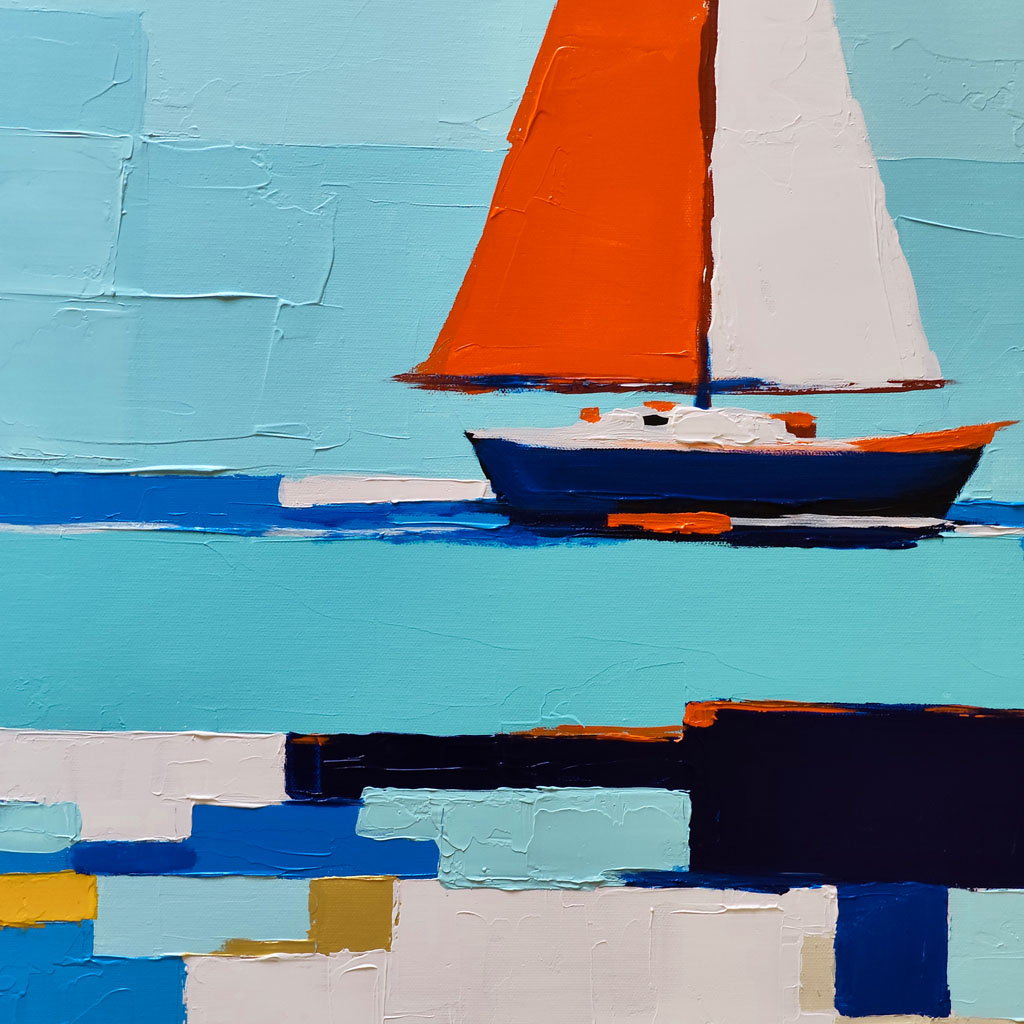 Peinture originale au couteau Couleurs du large par l'artiste certifiée i-CAC Virginie Schroeder, format 80x80 cm.