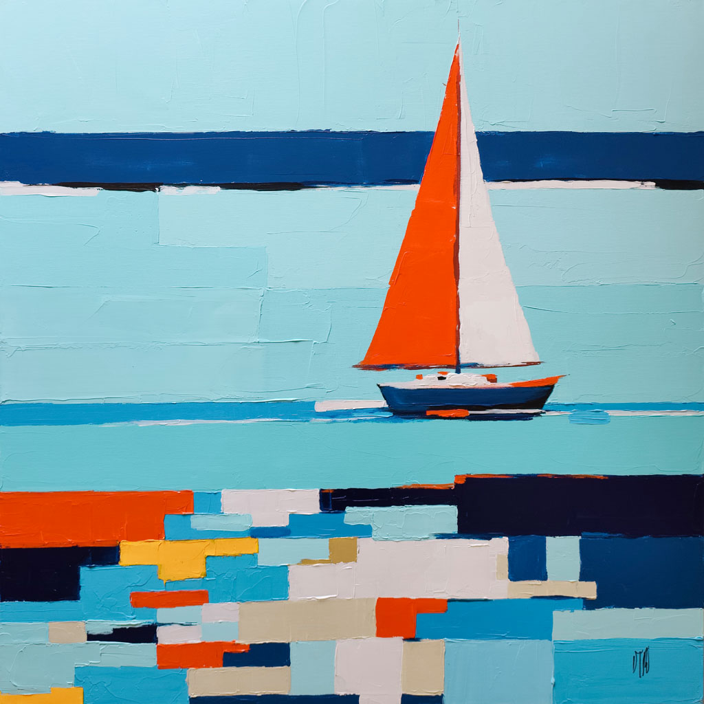 Peinture originale au couteau Couleurs du large par l'artiste certifiée i-CAC Virginie Schroeder, format 80x80 cm.