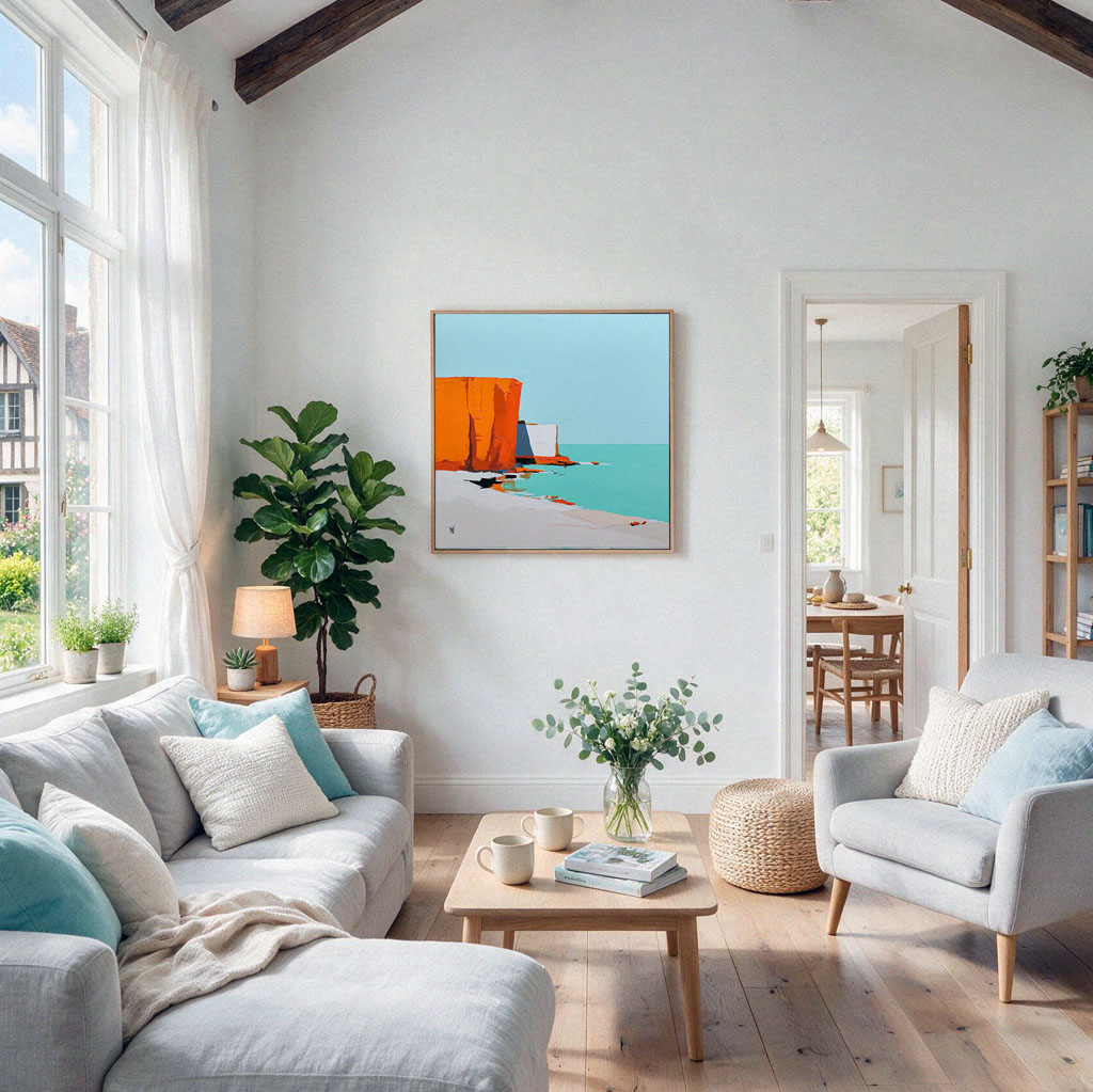 Tableau contemporain Falaise d’été exposé dans une salle à manger lumineuse au-dessus d'un buffet, illustrant une décoration d'intérieur moderne.