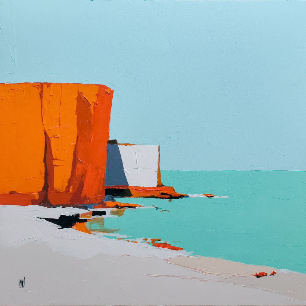 Peinture de paysage minimaliste au couteau intitulée Falaise d'été, représentant une falaise orange vif face à une mer turquoise sous un ciel azur épuré.