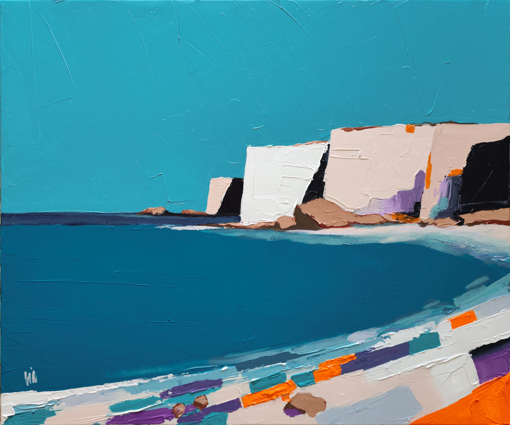 Tableau moderne Falaise du Cap, peinture marine texturée aux tons bleu turquoise blanc et orange