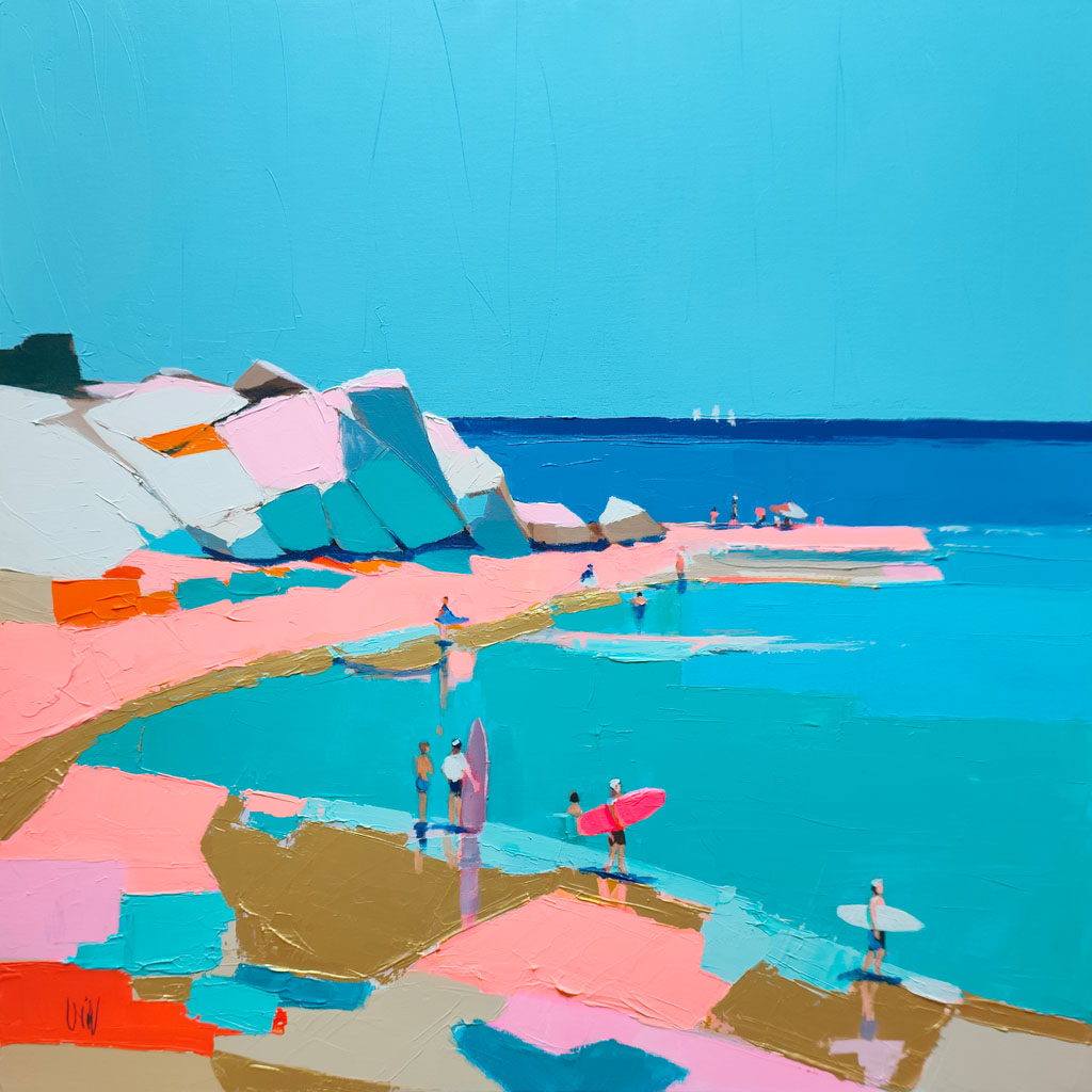 Peinture contemporaine au couteau Plage d'or représentant des surfeurs sur une plage aux couleurs rose et bleu.