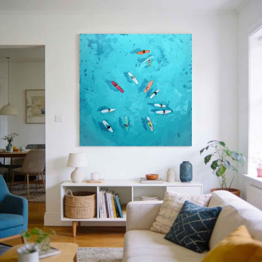 Surfeurs au lagon 120x120 cm