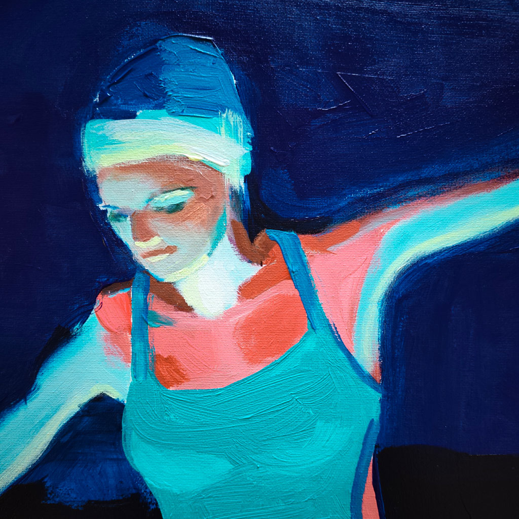 Gros plan texturé de la peinture Baigneuses nocturnes montrant les coups de pinceau et les reflets lumineux sur les silhouettes.