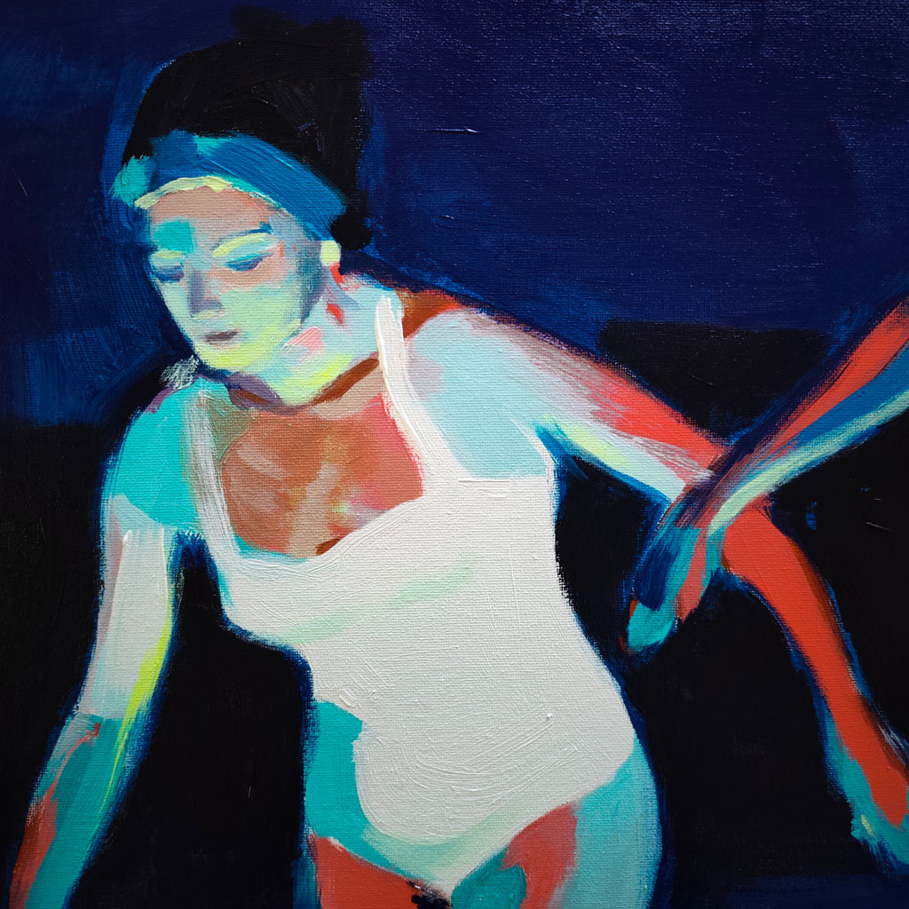 Gros plan texturé de la peinture Baigneuses nocturnes montrant les coups de pinceau et les reflets lumineux sur les silhouettes.