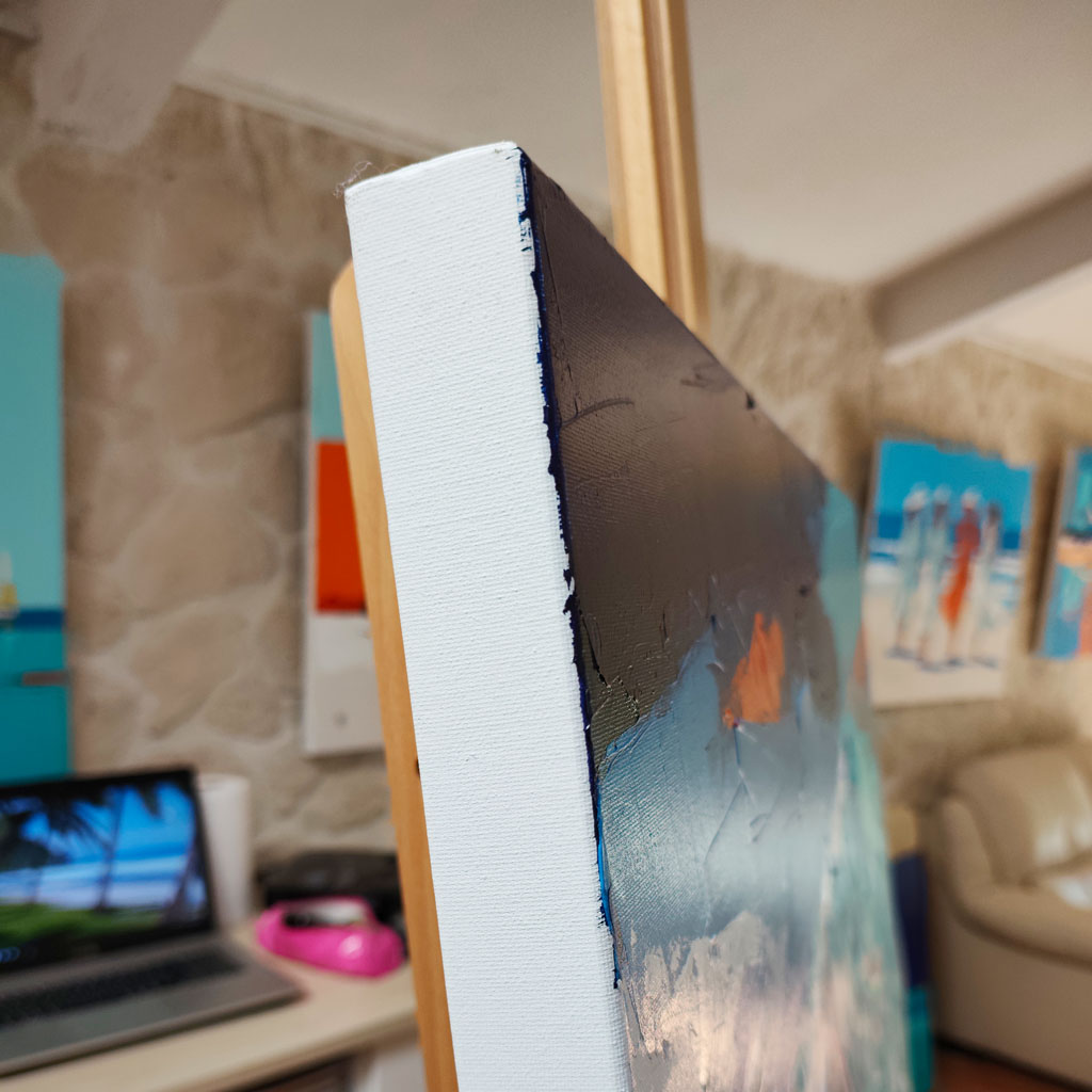 Vue de profil de la peinture sur toile Free Surf sur son chevalet montrant l'épaisseur du châssis et les détails de la tranche blanche