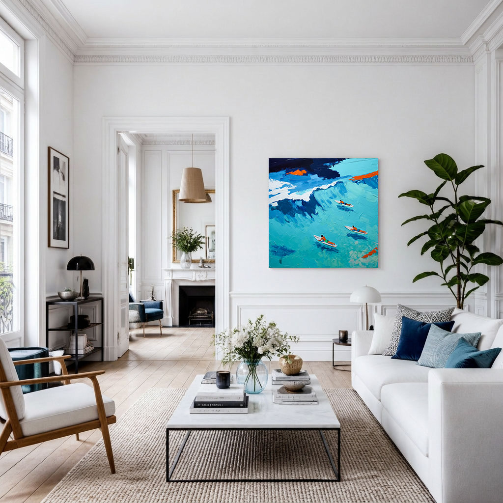 Tableau d'océan moderne Free Surf accroché au mur blanc d'un salon lumineux au design contemporain et épuré