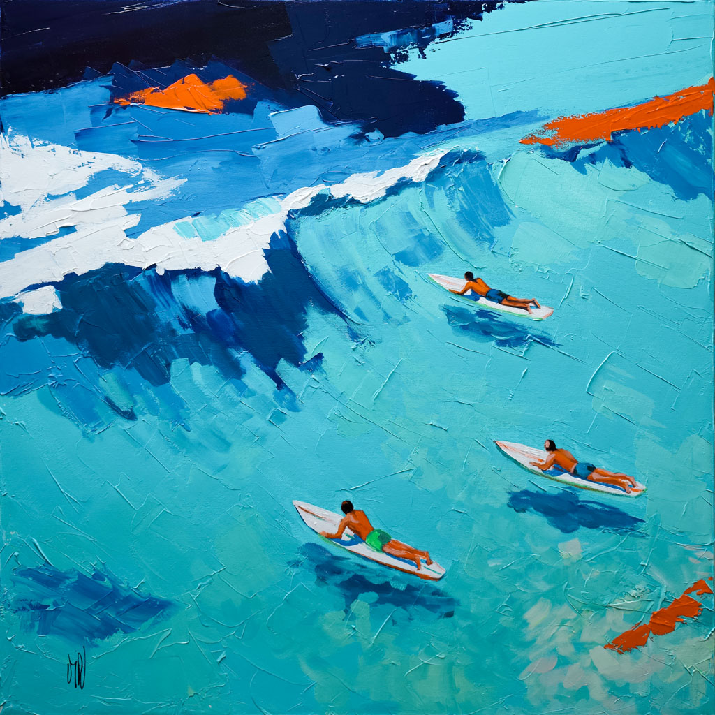 Peinture de surfeurs Free Surf de face montrant trois surfeurs attendant la vague dans une mer turquoise et orange