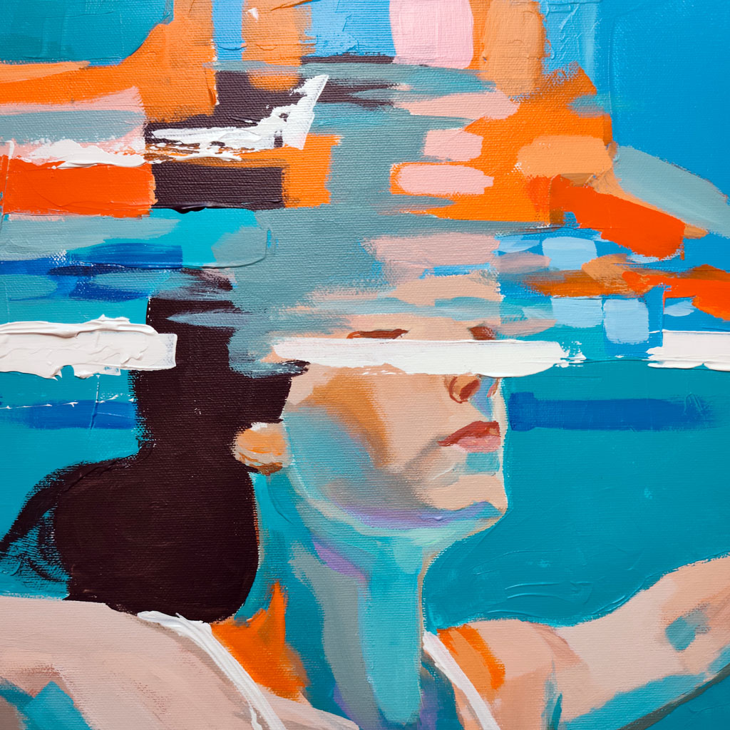Détail du visage fragmenté par des touches d'acrylique orange et bleues sur la toile L'Envol Aquatique