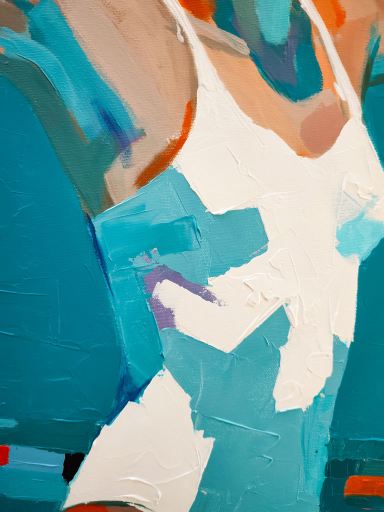 Effets de matière et reliefs de peinture blanche et turquoise sur la toile L'Envol Aquatique