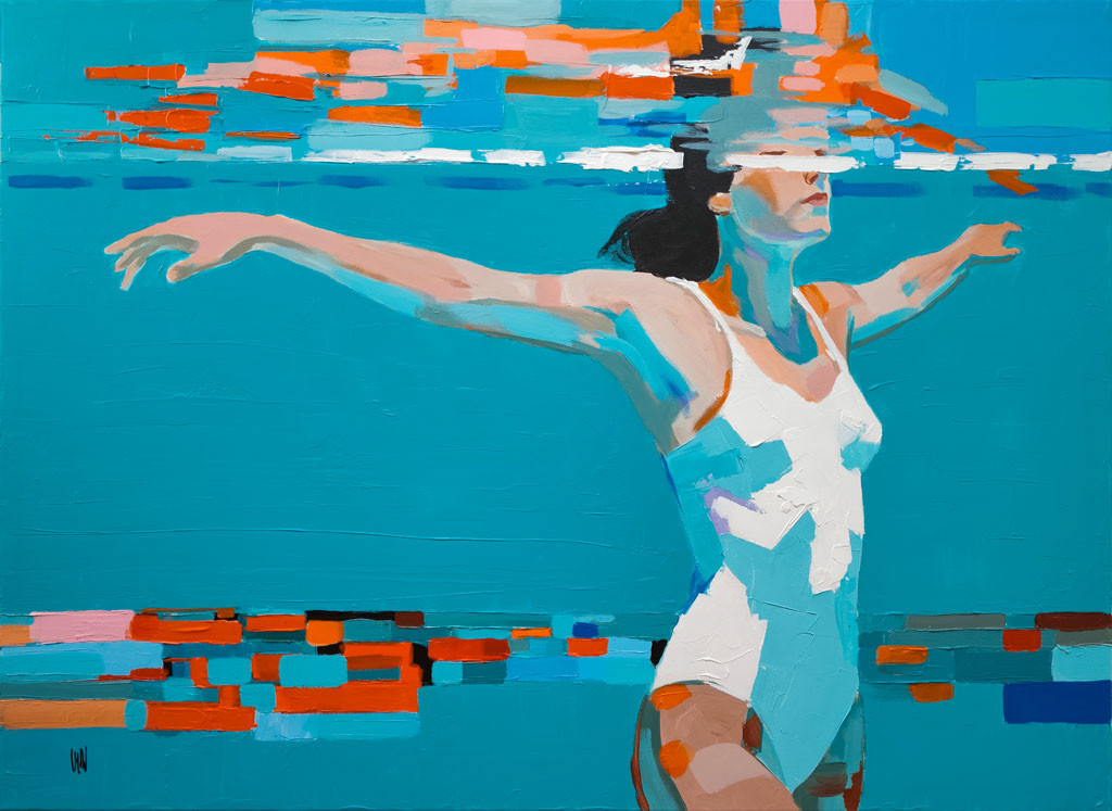 Peinture contemporaine L'Envol Aquatique représentant une femme en maillot de bain blanc plongeant dans une eau turquoise avec des reflets abstraits orange et roses