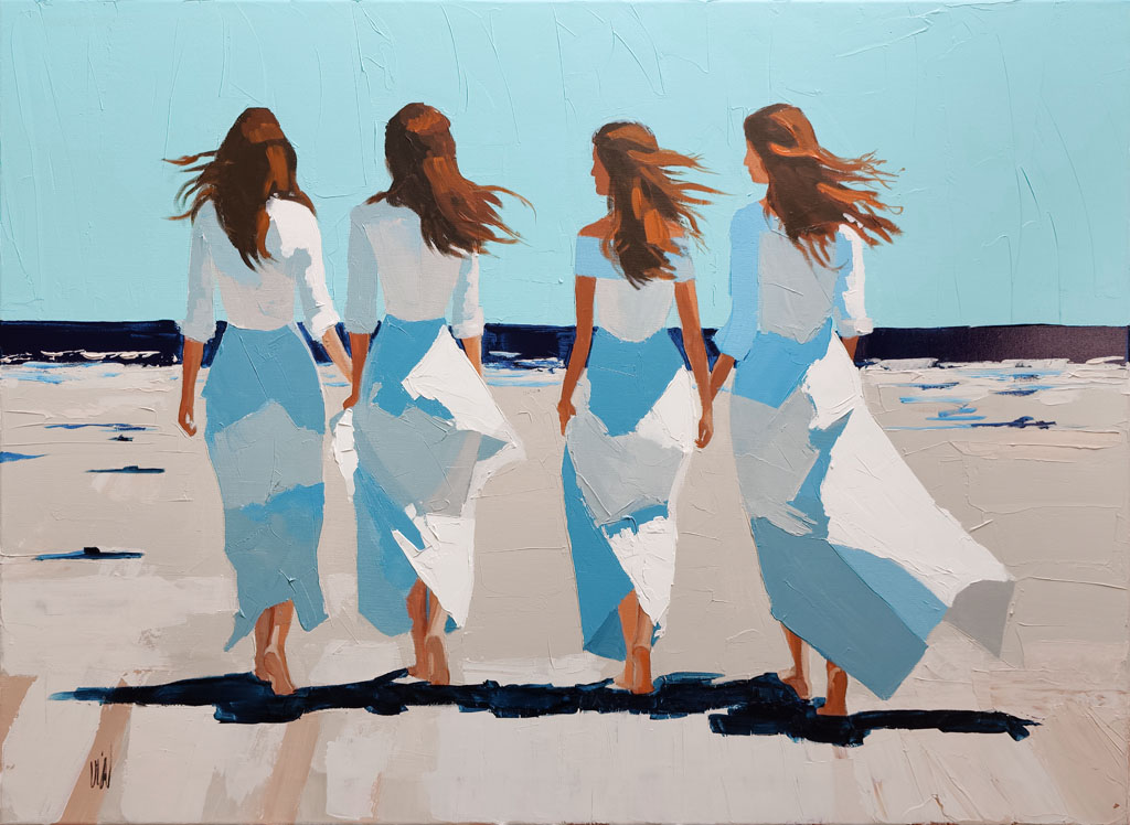 Peinture originale Les Filles de l'Été, tableau au couteau représentant quatre amies au bord de la mer