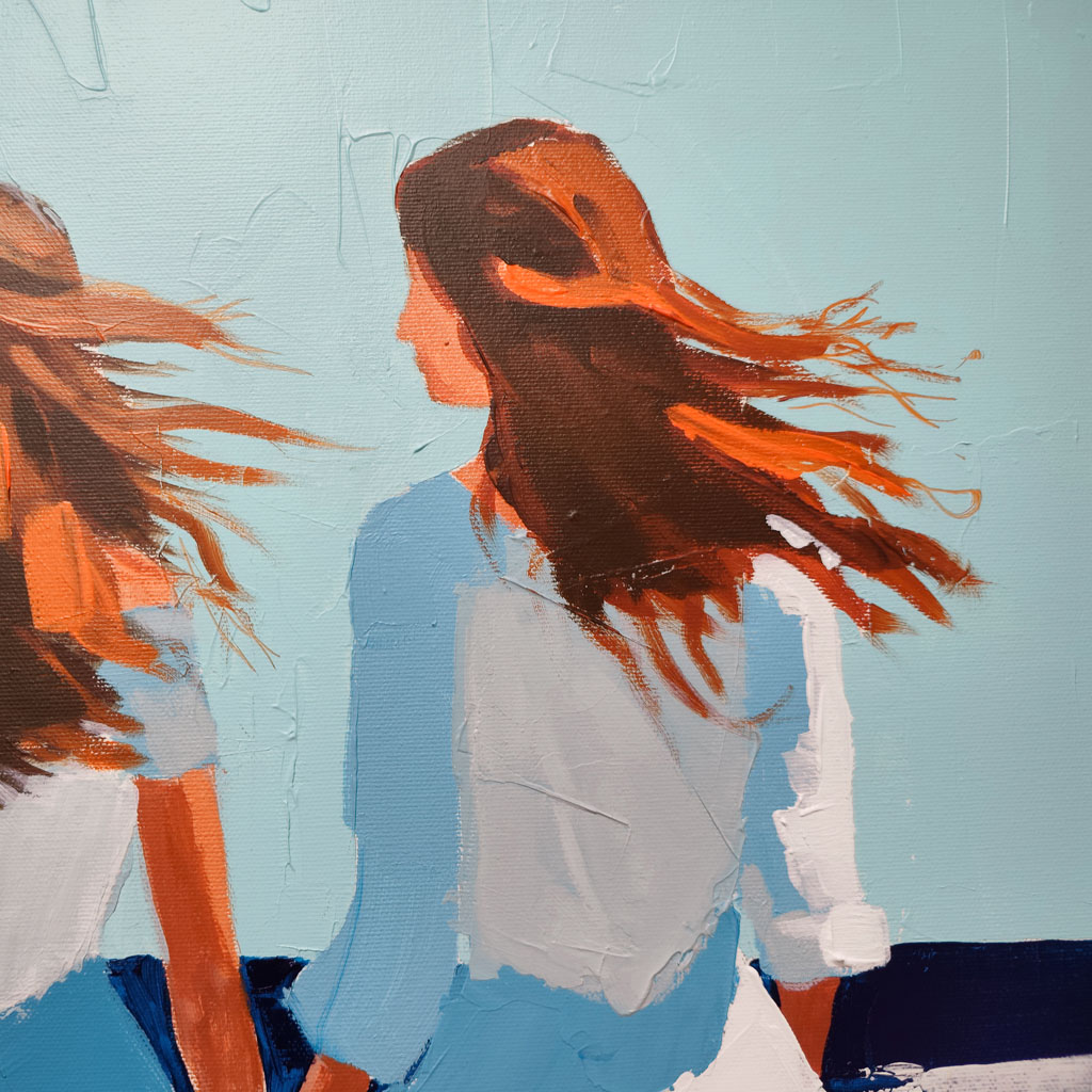Détail des silhouettes féminines de l'œuvre Les Filles de l'Été, un exemple d'art figuratif contemporain texturé au couteau