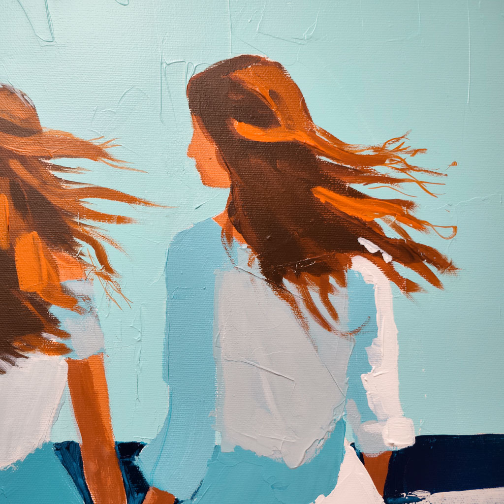 Détail des silhouettes féminines de l'œuvre Les Filles de l'Été, un exemple d'art figuratif contemporain texturé au couteau