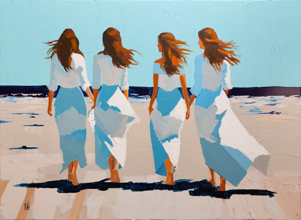 Peinture originale Les Filles de l'Été, tableau au couteau représentant quatre amies au bord de la mer