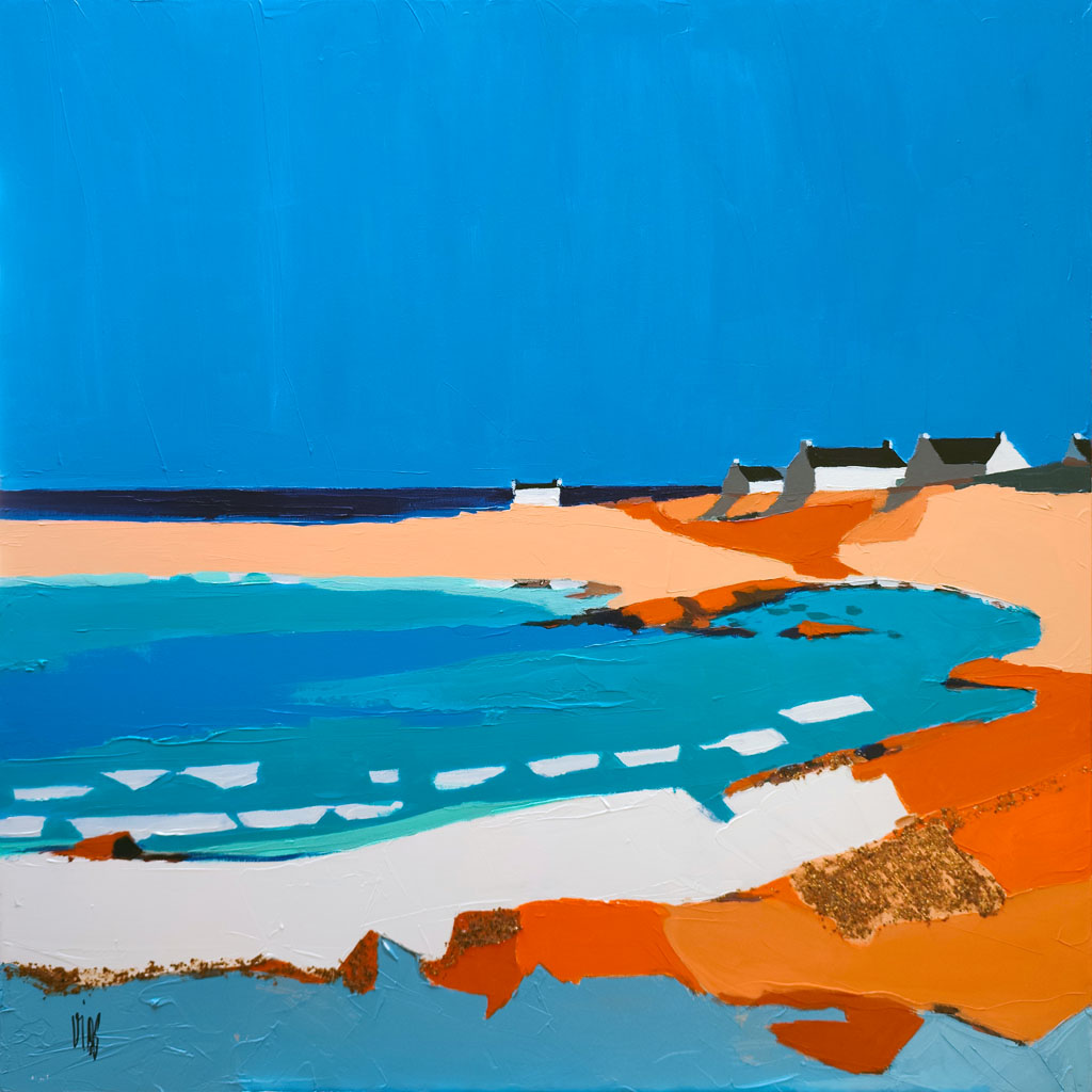 peinture semi-abstraite d'une baie côtière avec des maisons aux toits sombres, une plage de sable ocre orangé et une mer turquoise sous un jeu de lumière intense et d'ombres.
