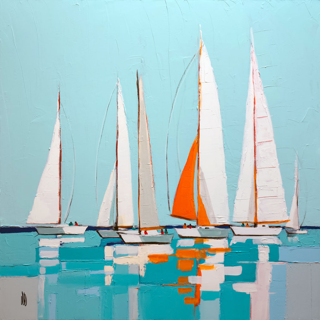 Voiles de Liberté", une peinture marine contemporaine carrée représentant des voiliers abstraits blancs et orange sur une mer et un ciel turquoise.