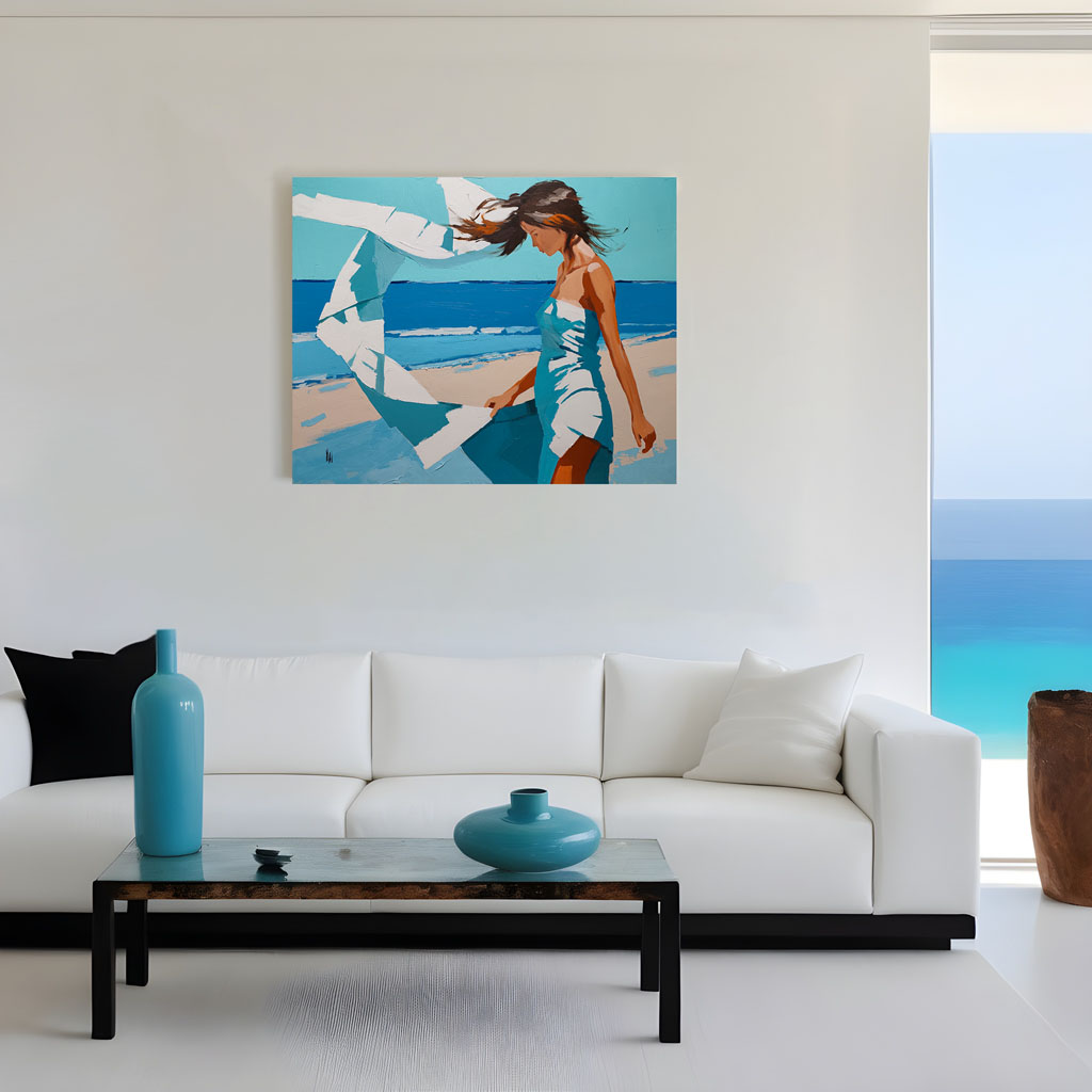 e tableau Demoiselle sur la plage exposé au-dessus d'un canapé blanc dans un salon moderne et lumineux avec vue sur la mer.