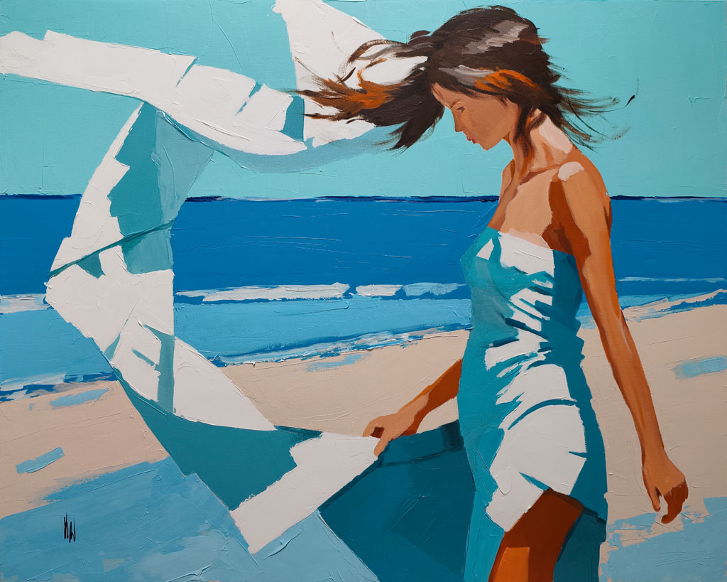 Peinture contemporaine Demoiselle sur la plage représentant une femme de profil marchant sur le rivage, drapée dans un voile blanc et turquoise s'envolant au vent sous un ciel azur