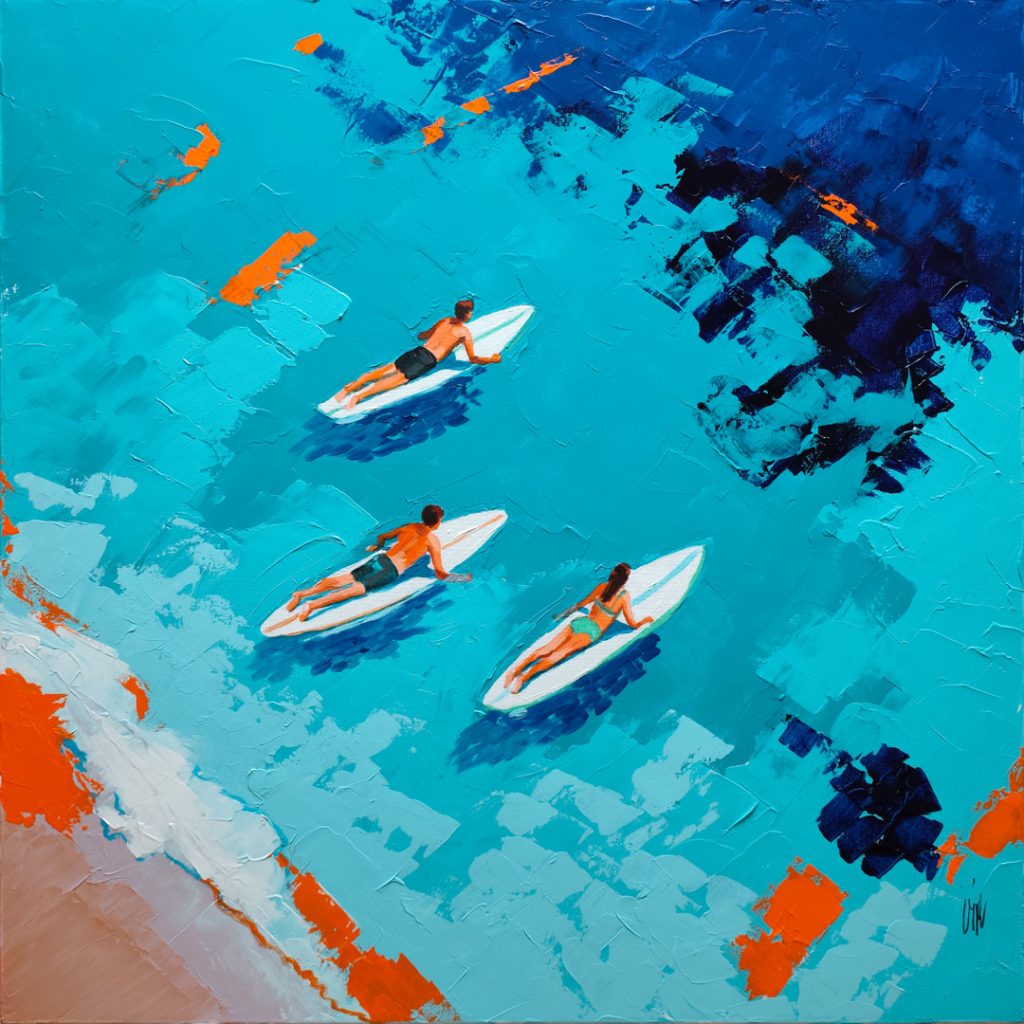 Peinture Surf Esprit Libre, un tableau surf vue du ciel montrant trois surfeurs sur l'eau turquoise avec des reliefs au couteau