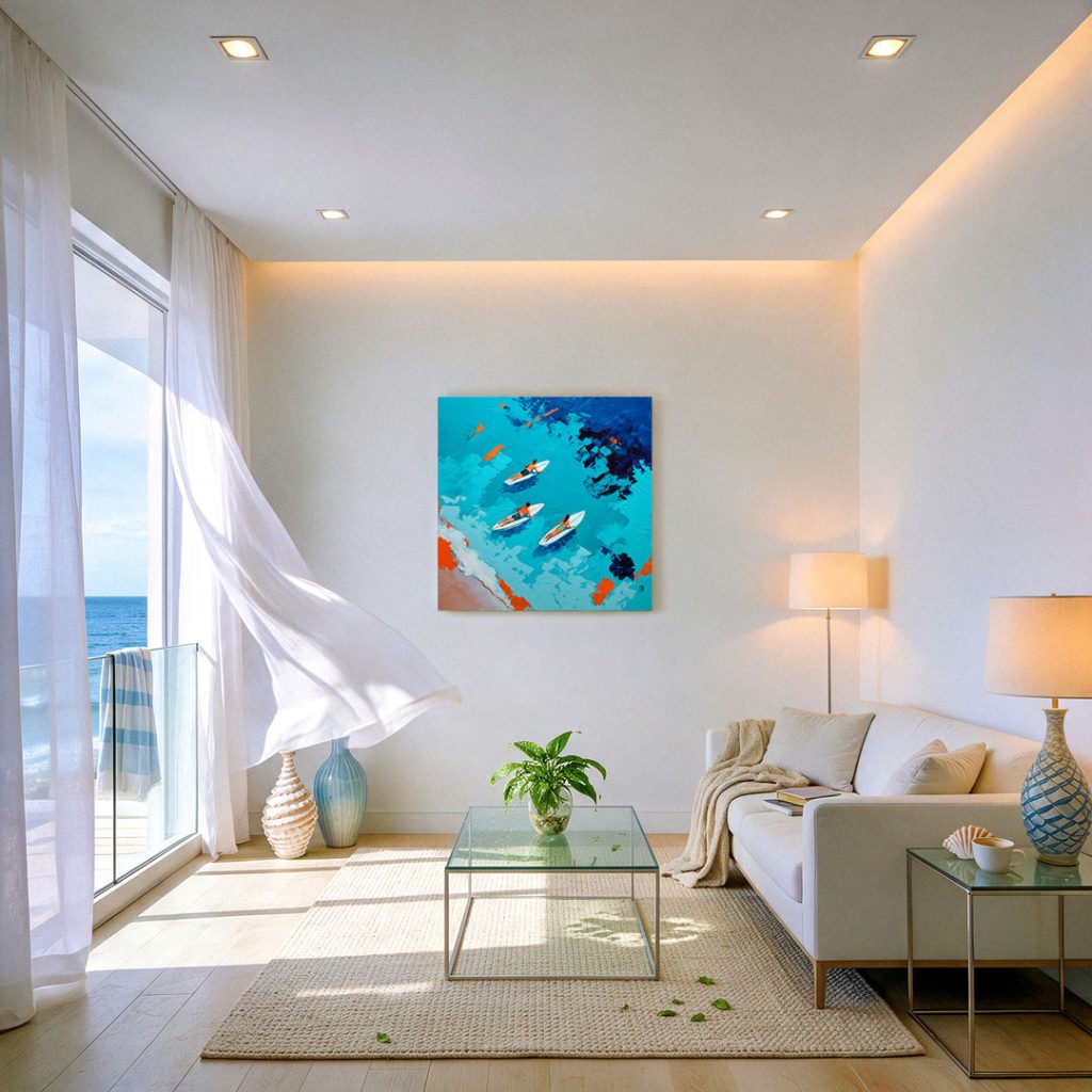 Le tableau surf vue du ciel accroché dans un grand salon moderne et lumineux au style bord de mer face à la mer