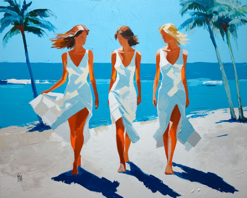 Peinture originale Un dimanche au lagon représentant trois femmes en robe blanche marchant sur une plage de sable fin bordée de palmiers.