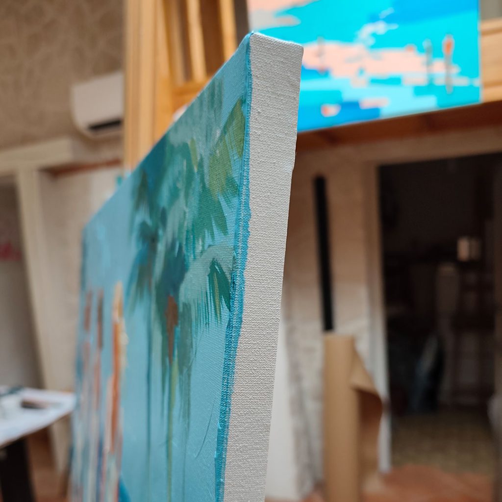 Vue de profil de la peinture originale Un dimanche au lagon montrant la texture de la toile tendue sur châssis.