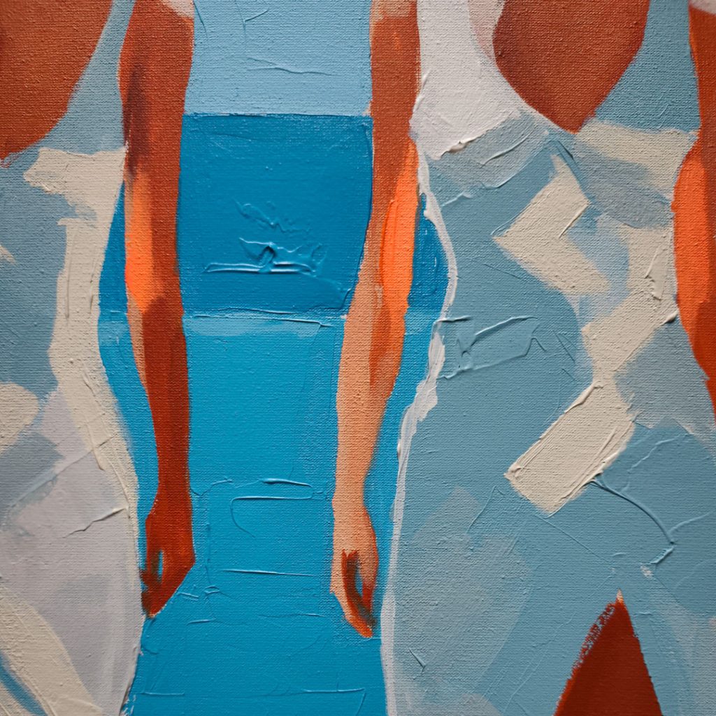 Détail des coups de pinceau texturés et des contrastes d'ombres portées sur les personnages de la peinture Un dimanche au lagon
