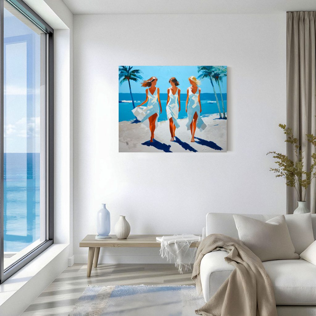 Mise en situation de la grande toile ensoleillée Un dimanche au lagon accrochée dans un salon moderne et lumineux face à la mer